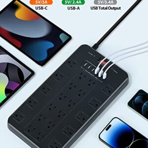 Power Strip Surge Protector, FDTEK Multi Plug Outlet with 22 AC Outlets and 6 USB 1875W/15A 2100 Joules 6.5Ft Flat Plug Extension Cord Heavy Duty Large Power Strip for Home, Office, Dorm, Gaming Room