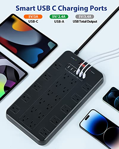 Power Strip Surge Protector, FDTEK Multi Plug Outlet with 22 AC Outlets and 6 USB 1875W/15A 2100 Joules 6.5Ft Flat Plug Extension Cord Heavy Duty Large Power Strip for Home, Office, Dorm, Gaming Room