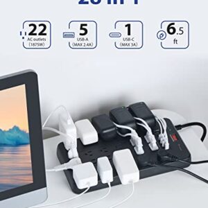 Power Strip Surge Protector, FDTEK Multi Plug Outlet with 22 AC Outlets and 6 USB 1875W/15A 2100 Joules 6.5Ft Flat Plug Extension Cord Heavy Duty Large Power Strip for Home, Office, Dorm, Gaming Room