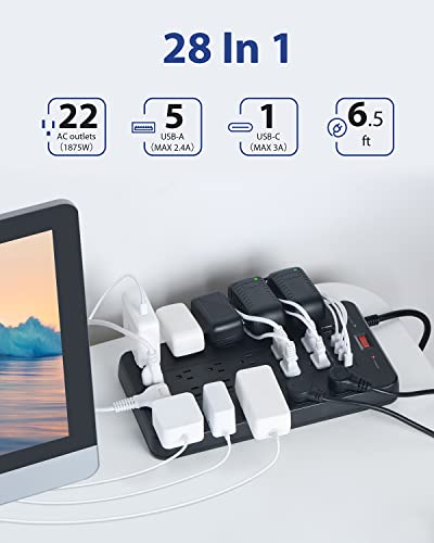 Power Strip Surge Protector, FDTEK Multi Plug Outlet with 22 AC Outlets and 6 USB 1875W/15A 2100 Joules 6.5Ft Flat Plug Extension Cord Heavy Duty Large Power Strip for Home, Office, Dorm, Gaming Room