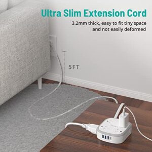 Flat Plug Power Strip, 5 ft Ultra Thin Flat Extension Cord, 8 Widely Outlets, 4 USB Ports(1 USB C) Desk Charging Station, Compact Surge Protector Power Strip for Travel Home Office Dorm Essentials