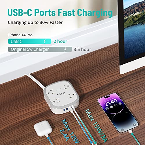 Flat Plug Power Strip, 5 ft Ultra Thin Flat Extension Cord, 8 Widely Outlets, 4 USB Ports(1 USB C) Desk Charging Station, Compact Surge Protector Power Strip for Travel Home Office Dorm Essentials