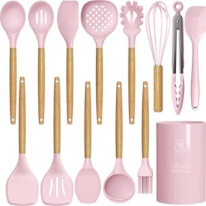 14 pcs silicone cooking utensils kitchen utensil set – 446°f heat resistant,turner tongs,spatula,spoon,brush,whisk, wooden handles pink kitchen gadgets tools set for nonstick cookware (bpa free)