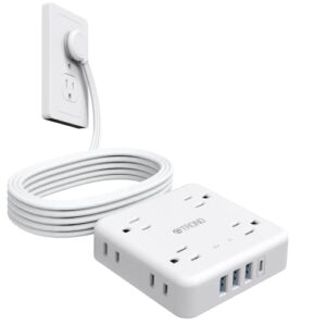 flat plug power strip – trond 10ft thin flat extension cord surge protector with 3 usb-a & 1 usb-c port, slim cord with 8 widely-spaced outlets, 1440j, wall mount for home office dorm room, white