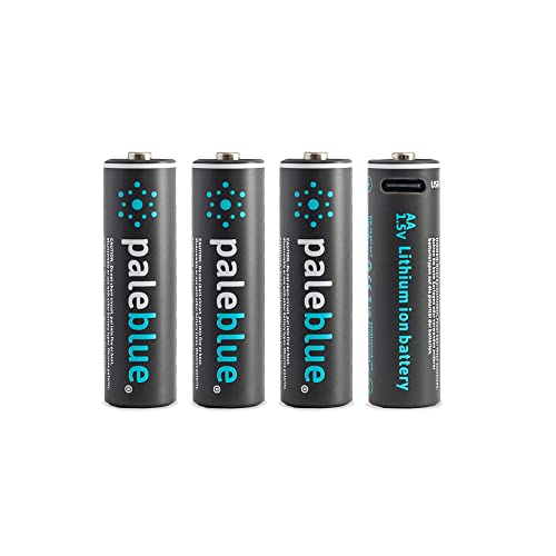 USB Rechargeable AA Batteries by Pale Blue, Lithium Ion 1.5v 1700 mAh, Charges Under 1 Hours, Over 1000 Cycles, 4-in-1 USB-A to USB-C Charging Cable, LED Charge Indicator, 4-Pack