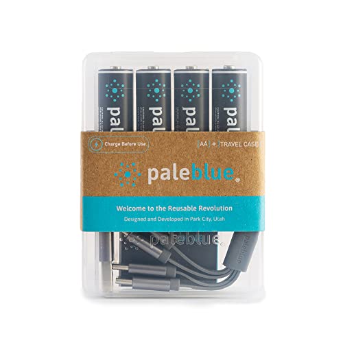 USB Rechargeable AA Batteries by Pale Blue, Lithium Ion 1.5v 1700 mAh, Charges Under 1 Hours, Over 1000 Cycles, 4-in-1 USB-A to USB-C Charging Cable, LED Charge Indicator, 4-Pack