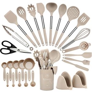 hvygss kitchen utensil set, 28 pcs silicone cooking utensils set, stainless steel handle silicone spatula set with silicone whisk, tongs, ladle, scissors, measuring cups and spoons set (khaki)