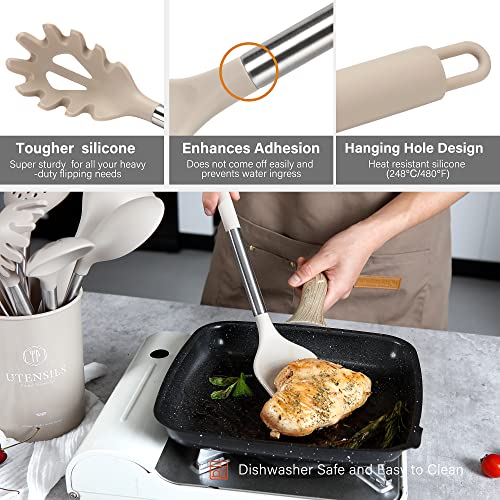 Hvygss Kitchen Utensil Set, 28 Pcs Silicone Cooking Utensils Set, Stainless Steel Handle Silicone Spatula Set with Silicone Whisk, Tongs, Ladle, Scissors, Measuring Cups and Spoons Set (Khaki)