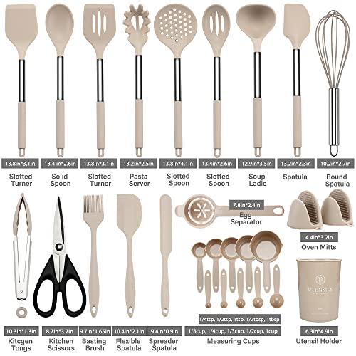 Hvygss Kitchen Utensil Set, 28 Pcs Silicone Cooking Utensils Set, Stainless Steel Handle Silicone Spatula Set with Silicone Whisk, Tongs, Ladle, Scissors, Measuring Cups and Spoons Set (Khaki)