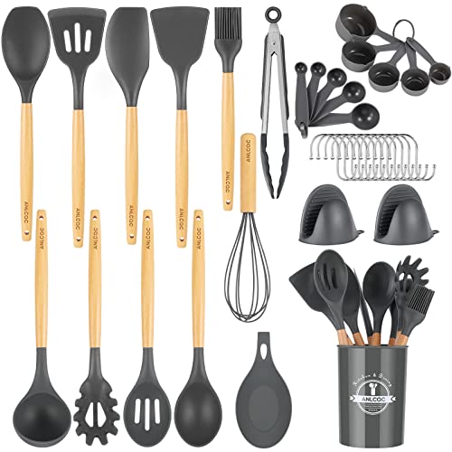 ANLCQC Kitchen Utensils Set with Holder, 37 PCS Silicone Cooking Utensils Set Gadgets for Cooking, Non Stick Wooden Handle Silicone Kitchen Cooking Utensils Sets Cookware, Gray