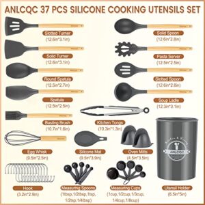 ANLCQC Kitchen Utensils Set with Holder, 37 PCS Silicone Cooking Utensils Set Gadgets for Cooking, Non Stick Wooden Handle Silicone Kitchen Cooking Utensils Sets Cookware, Gray