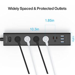 2 Pack Power Strip Surge Protector - Flat Plug with 10ft Extension Cord ，5 AC Outlets and 3 USB Ports, 1250W/10A, 700 Joules, Wall Mount Essentials for Home, Office and Dorm Rooms, ETL Listed - Black