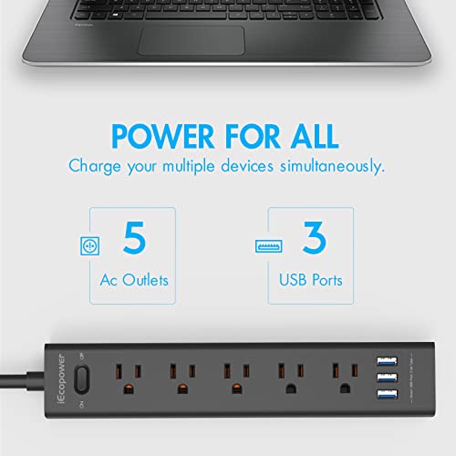 2 Pack Power Strip Surge Protector - Flat Plug with 10ft Extension Cord ，5 AC Outlets and 3 USB Ports, 1250W/10A, 700 Joules, Wall Mount Essentials for Home, Office and Dorm Rooms, ETL Listed - Black