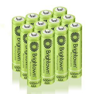 brightown 12-pack rechargeable aaa batteries, 600mah precharged nimh triple a rechargeable batteries for solar lights household devices, recharge up to 1200 cycles, ul certified, 1.2v