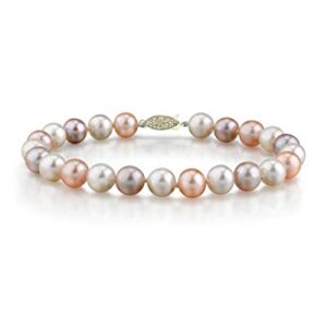 The Pearl Source 14K Gold 7-8mm AAAA Quality Round Multicolor Freshwater Cultured Pearl Bracelet for Women