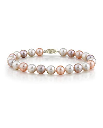 The Pearl Source 14K Gold 7-8mm AAAA Quality Round Multicolor Freshwater Cultured Pearl Bracelet for Women