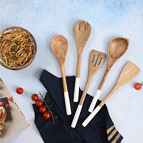 Folkulture Wooden Spoons for Cooking Set for Kitchen, Non Stick Cookware Tools or Utensils Includes Wooden Spoon, Spatula, Fork, Slotted Turner, Corner Spoon, Set of 5, 12 Inch, Acacia Wood, White