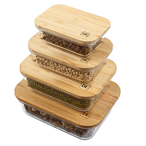 DE Plastic-Free Glass Food Storage Containers with Eco-Friendly Bamboo Wooden Lids, Set of 4 Pantry Organization Ideal for Flour, Sugar, Coffee, Teabags, Pasta, Candy, Snack and Various Dried Foods