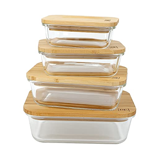 DE Plastic-Free Glass Food Storage Containers with Eco-Friendly Bamboo Wooden Lids, Set of 4 Pantry Organization Ideal for Flour, Sugar, Coffee, Teabags, Pasta, Candy, Snack and Various Dried Foods
