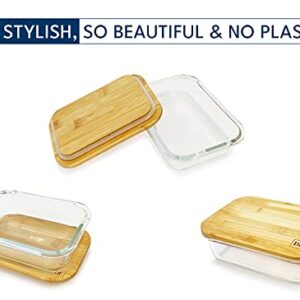 DE Plastic-Free Glass Food Storage Containers with Eco-Friendly Bamboo Wooden Lids, Set of 4 Pantry Organization Ideal for Flour, Sugar, Coffee, Teabags, Pasta, Candy, Snack and Various Dried Foods