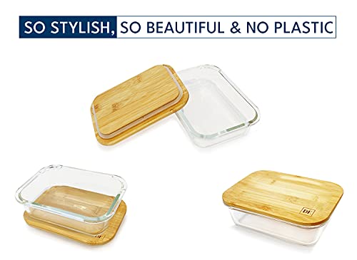 DE Plastic-Free Glass Food Storage Containers with Eco-Friendly Bamboo Wooden Lids, Set of 4 Pantry Organization Ideal for Flour, Sugar, Coffee, Teabags, Pasta, Candy, Snack and Various Dried Foods