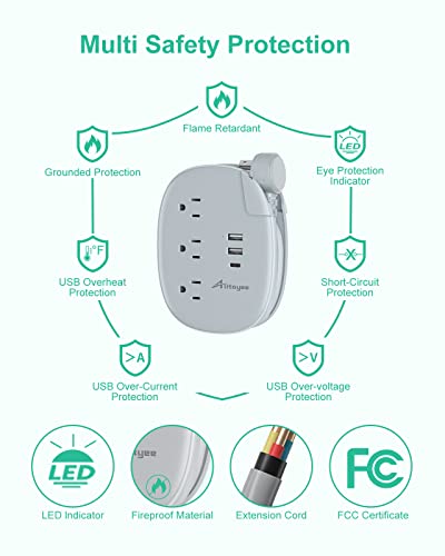 USB C Travel Power Strip,Alitayee Portable Power Strips with 3 Outlets 3 USB Ports Fast Charge, USB Extension Cord with Flat Plug and 3ft Wrapped Around Extension Cord for Cruise Travel Home Office