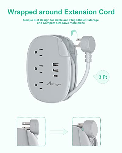 USB C Travel Power Strip,Alitayee Portable Power Strips with 3 Outlets 3 USB Ports Fast Charge, USB Extension Cord with Flat Plug and 3ft Wrapped Around Extension Cord for Cruise Travel Home Office