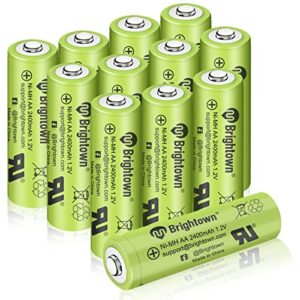 brightown 12-pack rechargeable aa batteries, 2400mah high capacity precharged nimh double a rechargeable batteries for solar lights household devices, recharge up to 1200 cycles, ul certified, 1.2v