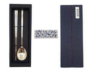 korean chopsticks spoon 2 set – metal stainless steel titanium plating -printed hangul characters (bamboo-gold 1set)