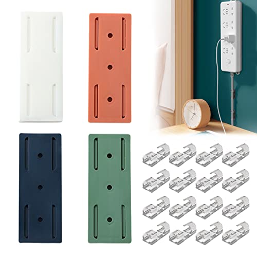 4 Pcs Self-Adhesive Desktop Socket Fixer, Adhesive Punch-Free Socket Holder, Desktop Mountable Wall-Mounted Socket Fixer Bracket, for Kitchen Home and Office, with 16PCS Adhesive Cable Clips