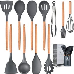 silicone cooking utensils kitchen utensil set, 12 pcs wooden handle nontoxic bpa free silicone spoon spatula turner tongs kitchen gadgets utensil set for nonstick cookware with holder