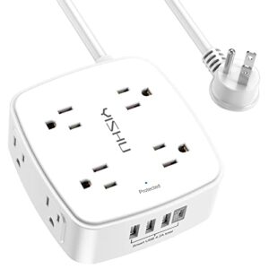 10 ft surge protector power strip – yishu 3 side outlet extender with 8 widely ac outlets and 4 usb ports, 10 feet extension cord with flat plug, wall mount desk usb charging station, etl ,white