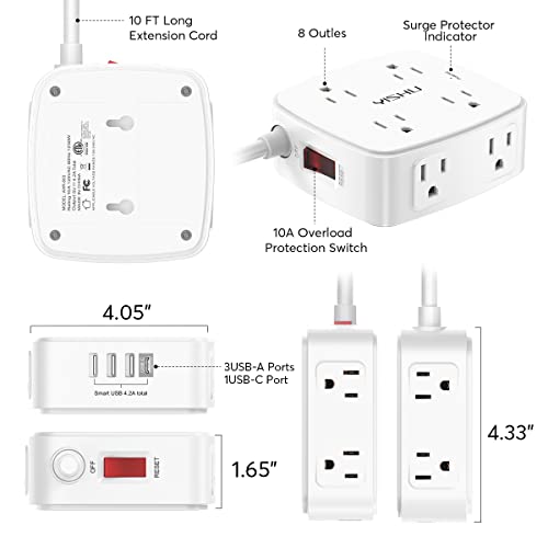 10 Ft Surge Protector Power Strip - YISHU 3 Side Outlet Extender with 8 Widely AC Outlets and 4 USB Ports, 10 Feet Extension Cord with Flat Plug, Wall Mount Desk USB Charging Station, ETL ,White