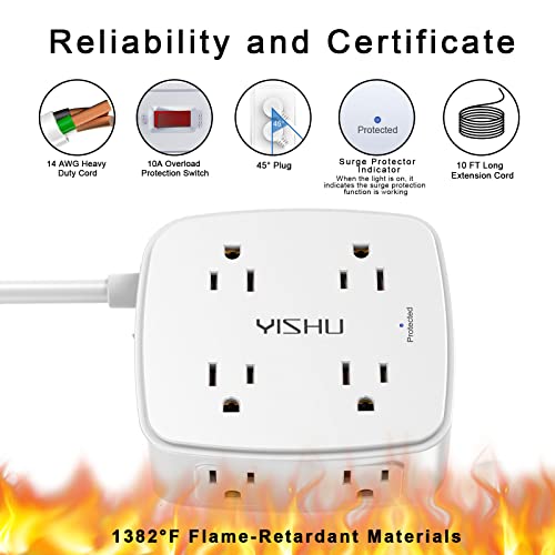 10 Ft Surge Protector Power Strip - YISHU 3 Side Outlet Extender with 8 Widely AC Outlets and 4 USB Ports, 10 Feet Extension Cord with Flat Plug, Wall Mount Desk USB Charging Station, ETL ,White