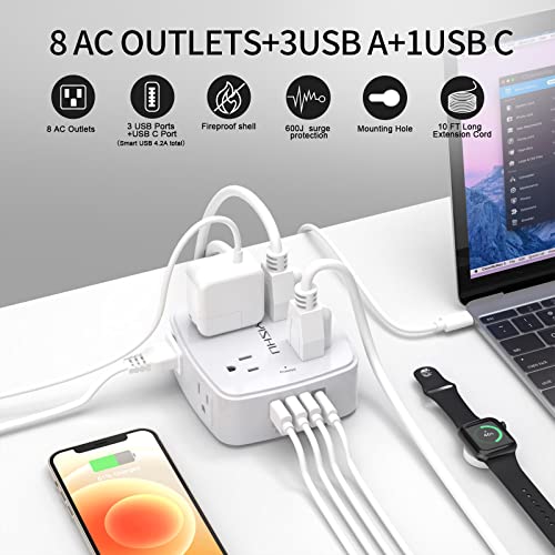 10 Ft Surge Protector Power Strip - YISHU 3 Side Outlet Extender with 8 Widely AC Outlets and 4 USB Ports, 10 Feet Extension Cord with Flat Plug, Wall Mount Desk USB Charging Station, ETL ,White