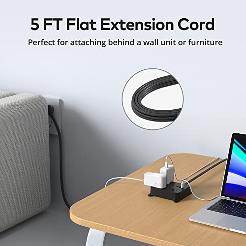 Flat Plug Power Strip - TROND 5FT Ultra Thin Extension Cord with 3 USB Charger, 3 AC Outlets Desktop Charging Station, Wall Mount, Compact for Home, Work Bench, Dorm Room Essentials, Cruise Ship