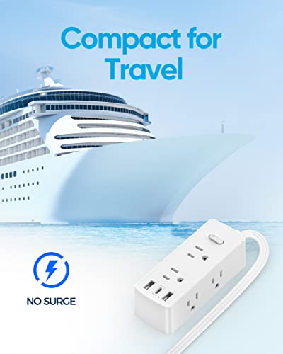 Cruise Essentials, Thin Plug Power Strip with 6 Outlets 3 USB Ports(1 USB C), 5ft Flat Extension Cord, Non Surge Power Strip for Cruise Ship Travel, Dorm Room Essentials