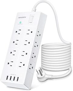 surge protector power strip 10 ft, extension cord with multiple outlets, 16 outlets extender with 4 usb ports, large power strip with long cord, wall mountable, flat plug for desktop office dorm room