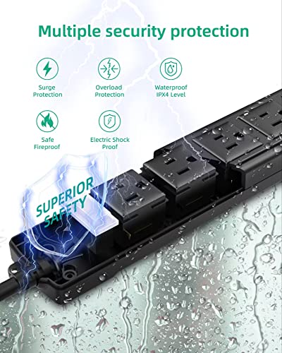 Outdoor Power Strip Weatherproof, Waterproof Surge Protector 6 Outlets, 6 FT Extension Cord, 1875W Overload Protection, Shockproof Outlet, Wall Mountable for Home, Kitchen, Bathroom, Garden, Patio