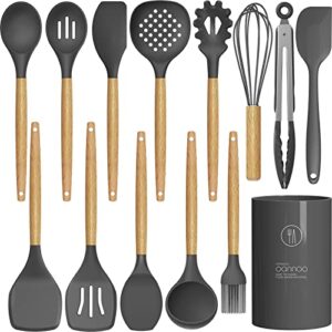 14 pcs silicone cooking utensils kitchen utensil set – 446°f heat resistant,turner tongs, spatula, spoon, brush, whisk, wooden handle gray kitchen gadgets with holder for nonstick cookware (bpa free)