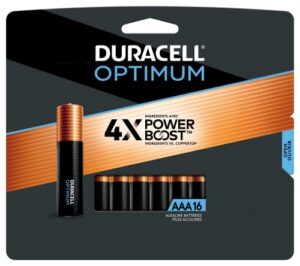 duracell optimum aaa batteries with power boost ingredients, 16 count pack double a battery with long-lasting power, all-purpose alkaline aa battery for household and office devices