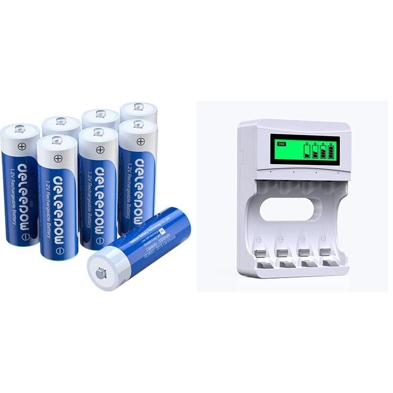 Deleepow Rechargeable AA Batteries 1.2V 3300mAh NiMh Rechargeable AA Batteries Double A Batteries 1200 Cycles 8-Pack with LCD Charger