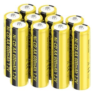 aa rechargeable battery10 pack, nicd aa 600mah 1.2v solar batteries nickel cadmium battery for garden landscaping solar lights (button top)