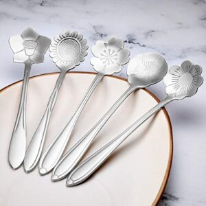 8 Pieces Flower Spoon Coffee Teaspoon Set Stainless Steel Tableware Creative Sugar Spoon Tea Spoon Stir Bar Spoon Stirring Spoon, 8 Different Patterns (Silver)