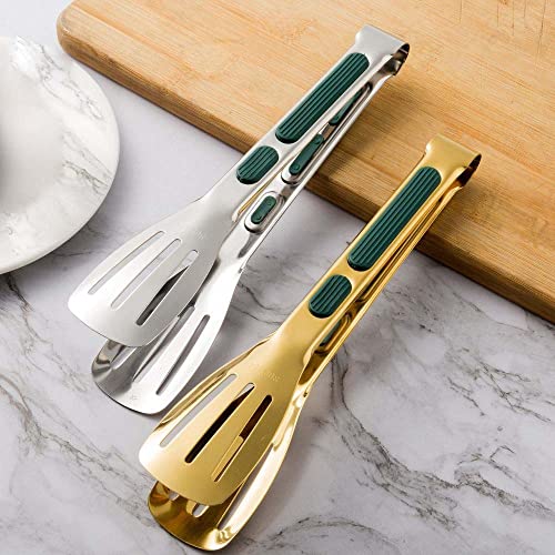 Serving Tongs Kitchen Tongs,Buffet Tongs, Silicone Non-slip Grip Tongs， Food Tong Serving Tong, Bread Serving Clip, Stainless Steel Kitchen Tongs (silver 12in-green handle)