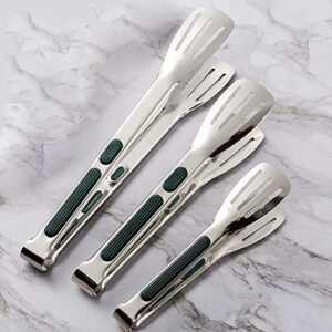 Serving Tongs Kitchen Tongs,Buffet Tongs, Silicone Non-slip Grip Tongs， Food Tong Serving Tong, Bread Serving Clip, Stainless Steel Kitchen Tongs (silver 12in-green handle)