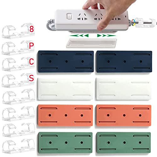 8 Pcs Power Strip Holder, Adhesive Punch-Free Socket Holder, Self Adhesive Socket Desktop Fixer, Cable Management Punch Free Surge Protector, Desktop Mobile Socket Holder Wall Mount and 8 Cable Clips