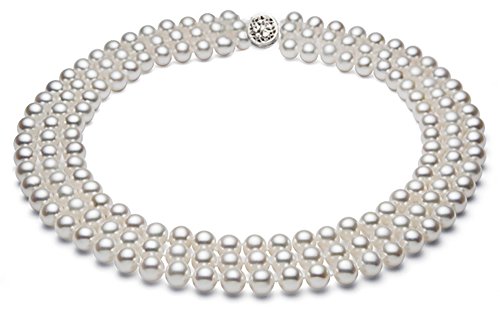 PremiumPearl Triple Strand White Freshwater Cultured Pearl Necklace for Women AA+ Quality Sterling Silver (7.5-8mm)