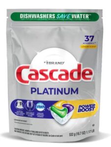cascade platinum dishwasher pods, dishwasher detergent, dishwasher pod, dishwasher soap pods, platinum boost actionpacs, lemon, 37 count dishwasher detergent pods