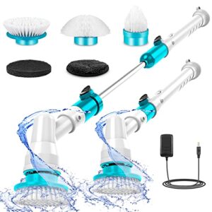 rechargeable electric spin scrubber – 5 replaceable cleaning brush heads, cordless shower cleaning brush with long extension arm, bathroom scrubber power spin scrubber for grout sink tub tile floor